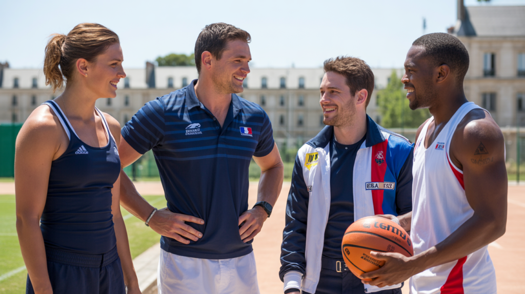 Athlètes professionnels français de différents sports discutant ensemble dans un complexe sportif en plein air, scène réaliste et lumineuse.