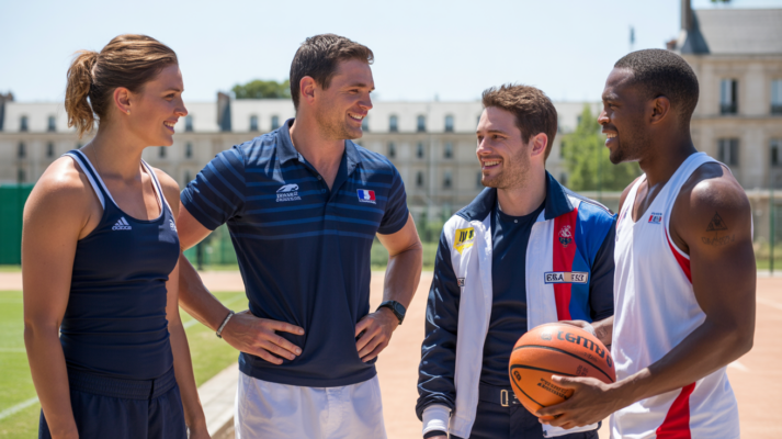 Athlètes professionnels français de différents sports discutant ensemble dans un complexe sportif en plein air, scène réaliste et lumineuse.
